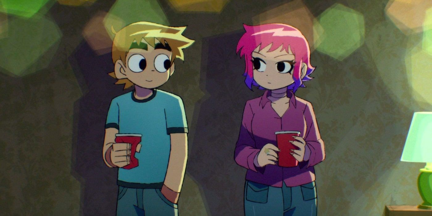 An anime still shows Scott Pilgrim and Ramona Flowers staring at each at a party