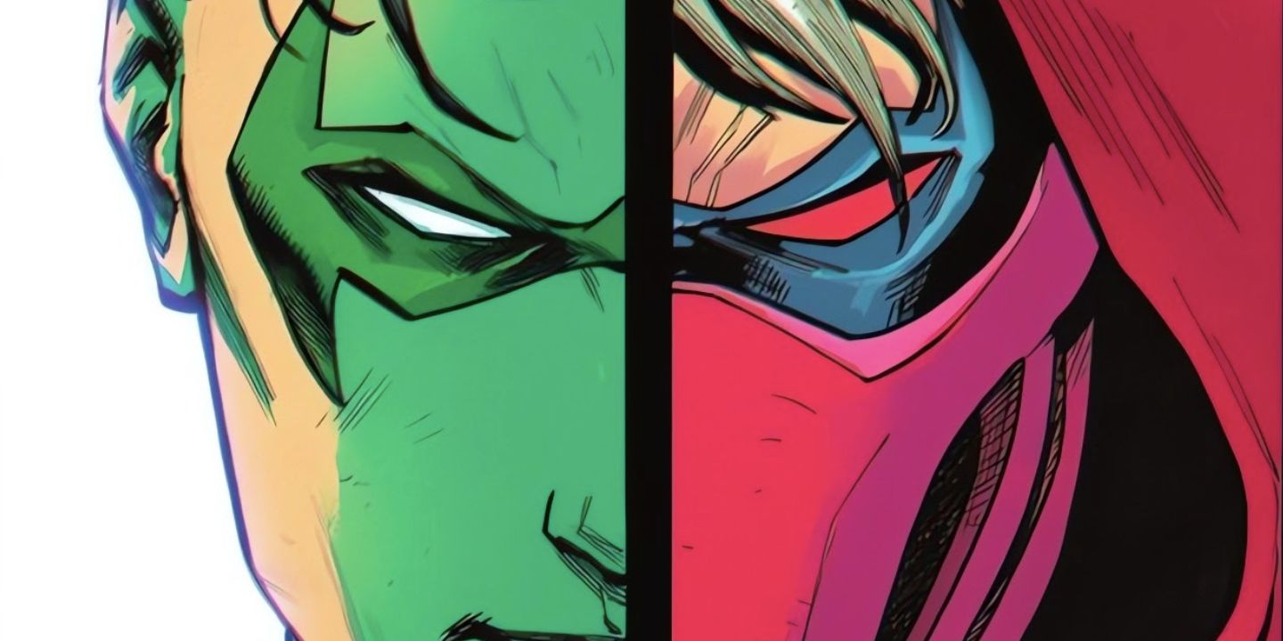 Split panel of Red Hood and Robin's close-up faces from DC Comics Knight Terrors