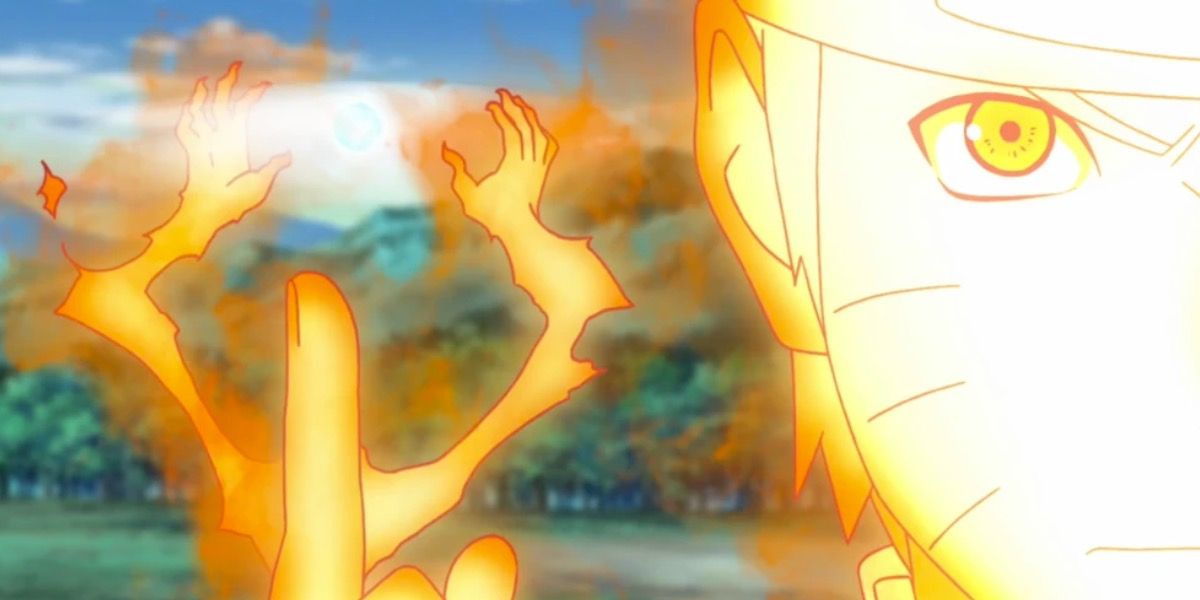 Naruto holds his index finger up while using the Mini-Rasenshuriken