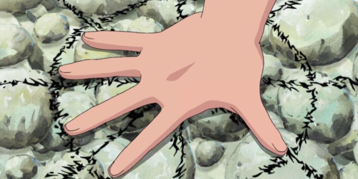 Naruto uses the Summoning Jutsu by placing his palm on the ground