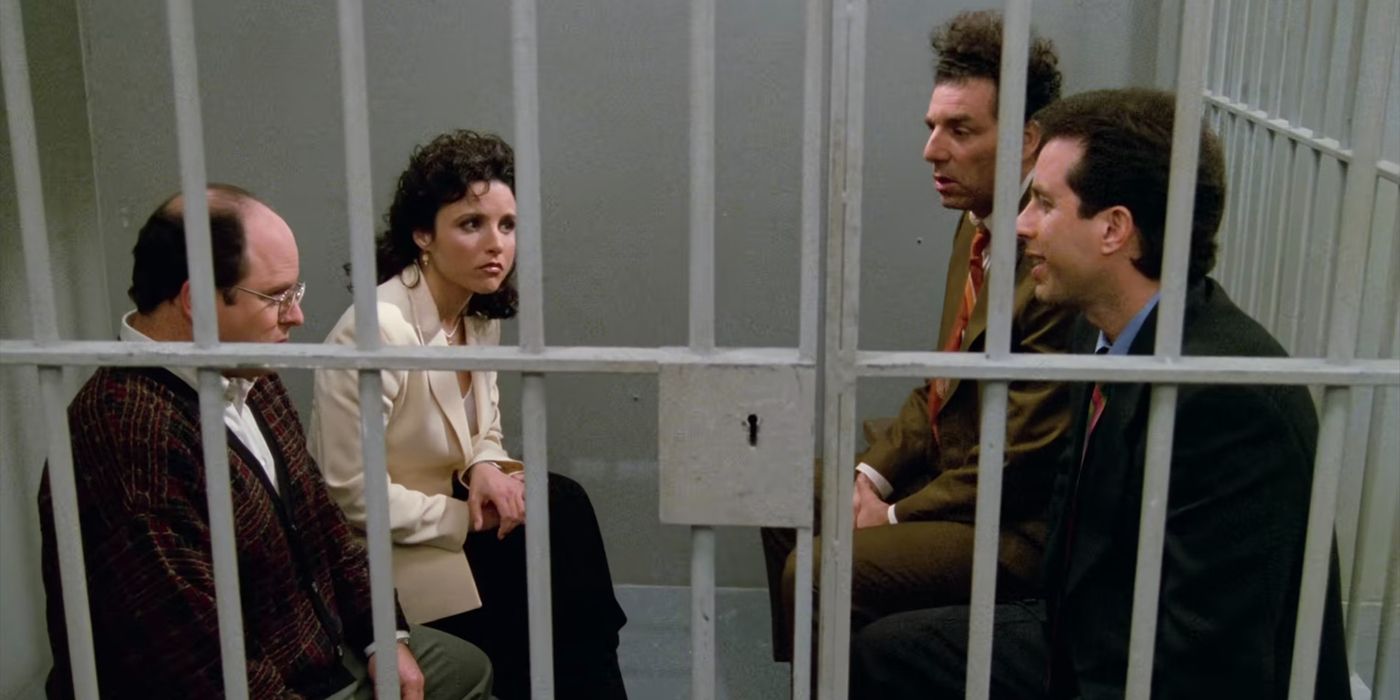 Jerry, George, Elaine and Kramer wait in a holding cell in the Seinfeld Finale