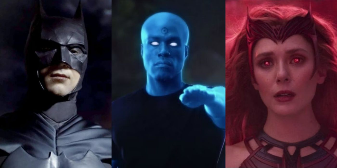 A split image of Batman from Gotham, Doctor Manhattan from Watchmen, and Scarlet Witch from Doctor Strange in the Multiverse of Madness