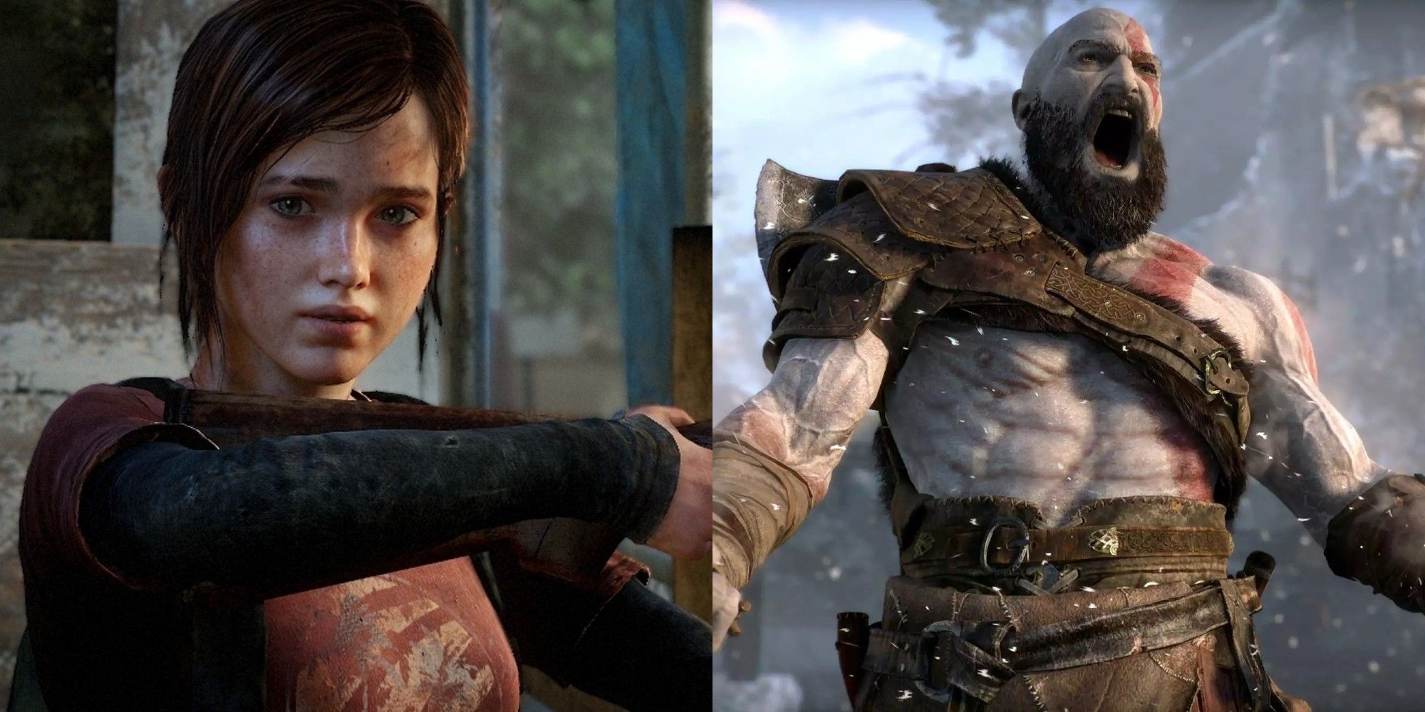 Split image of Ellie from The Last of Us and Kratos from God of War
