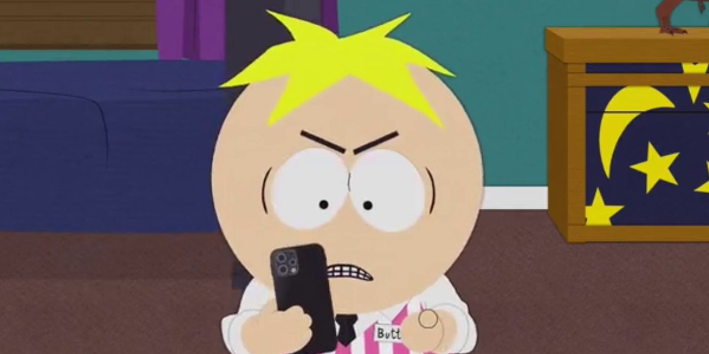 South Park's Butters in his work uniform angrily staring at his cell phone