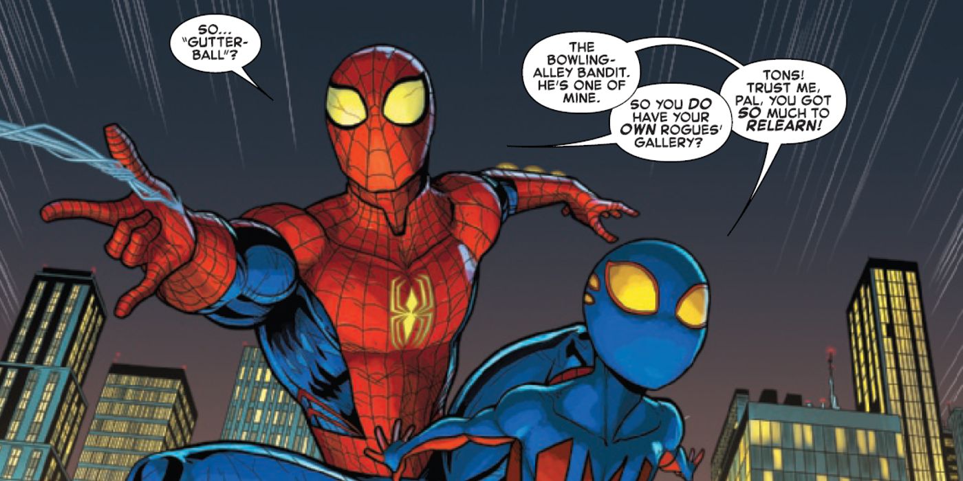 Spider-Boy explaining to Spider-Man that he has his very own extensive rogues gallery