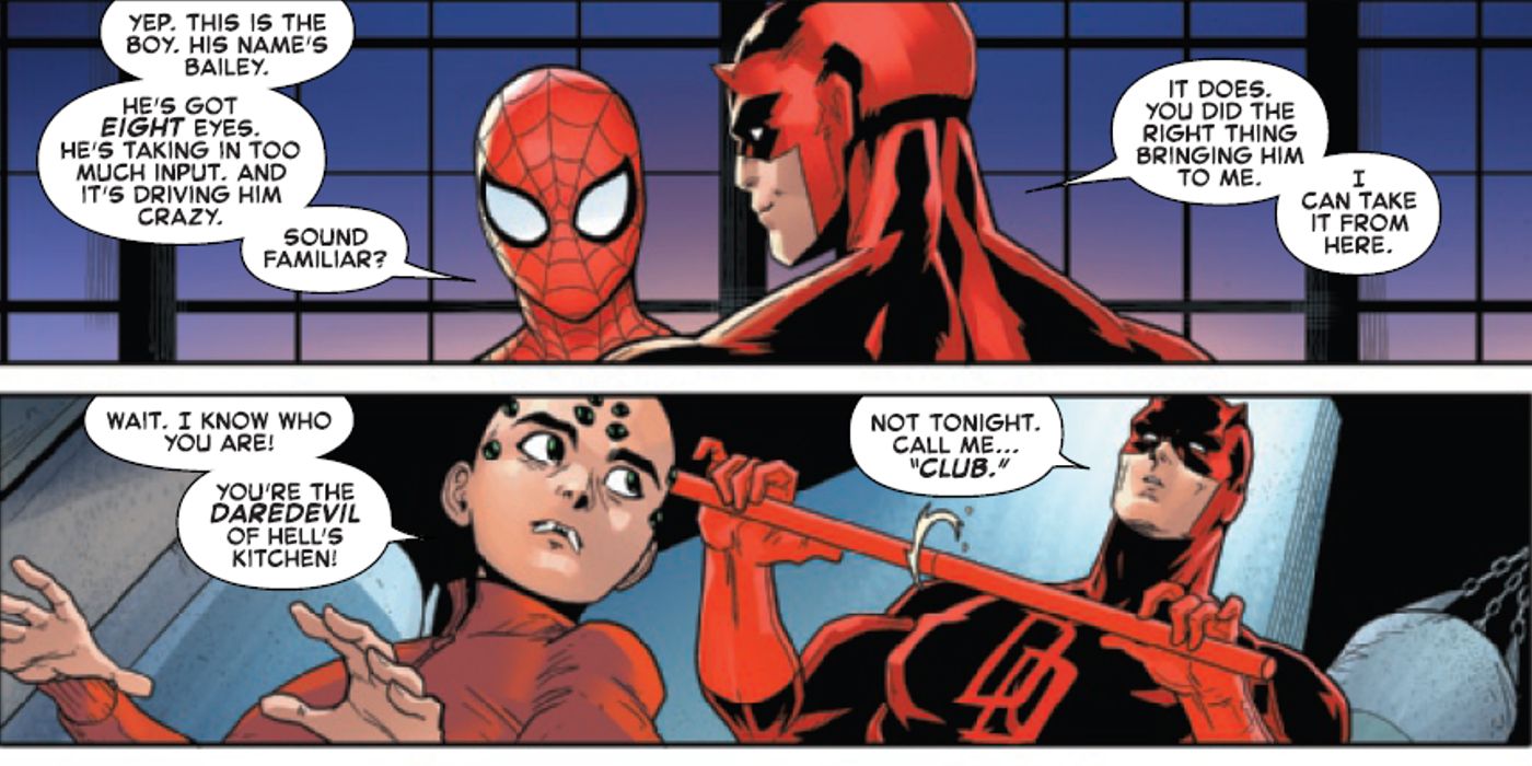 Spider-Man bringing Spider-Boy to Daredevil to help him get the proper training he needs