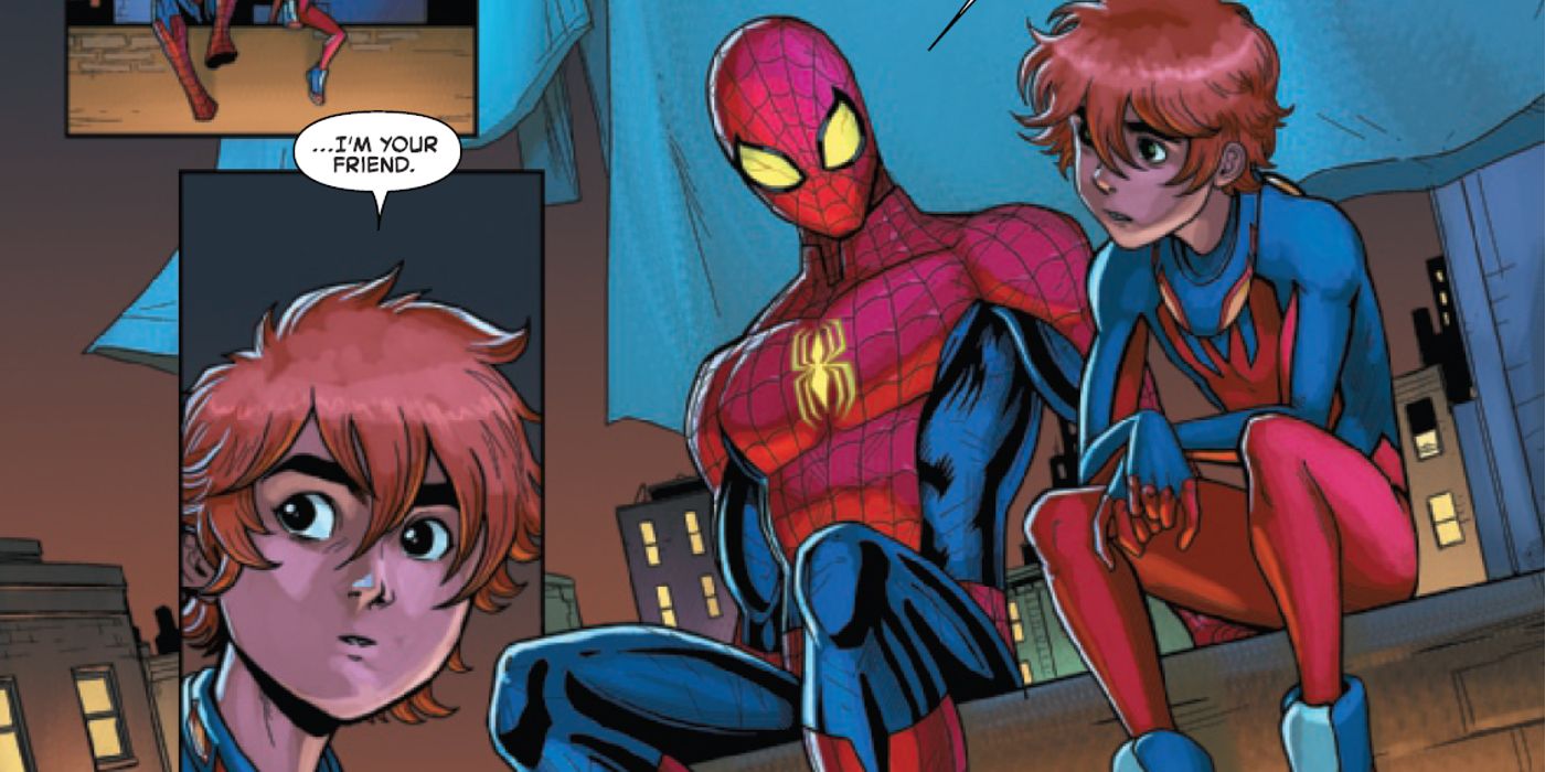 Spider-Boy telling Spider-Man that they are friends before anything else in the relationship he knows