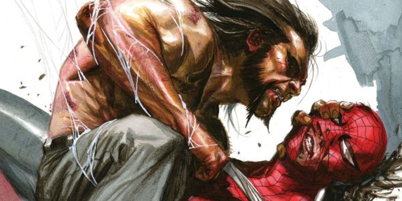 wolverine crouched over a pinned and beaten spider-man on the cover of 2023's spider-man annual