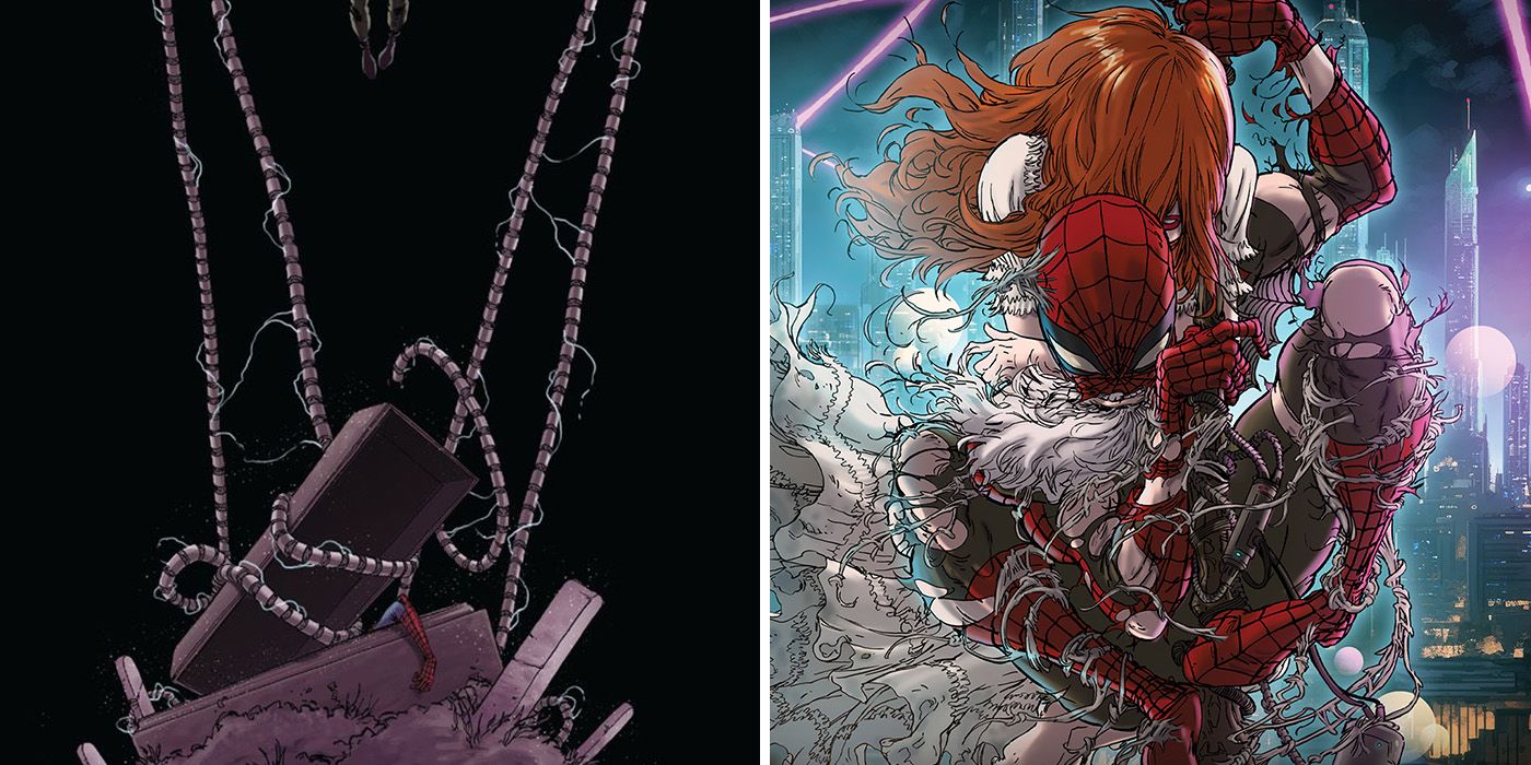 Spider-Man Reign comic covers for volume 1 and 2 with Mary Jane's body over Peter's back