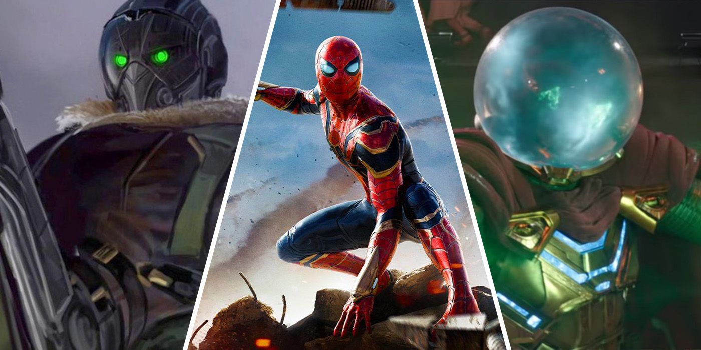 split image: MCU Spider-Man in Iron Spider suit, Vulture and Mysterio