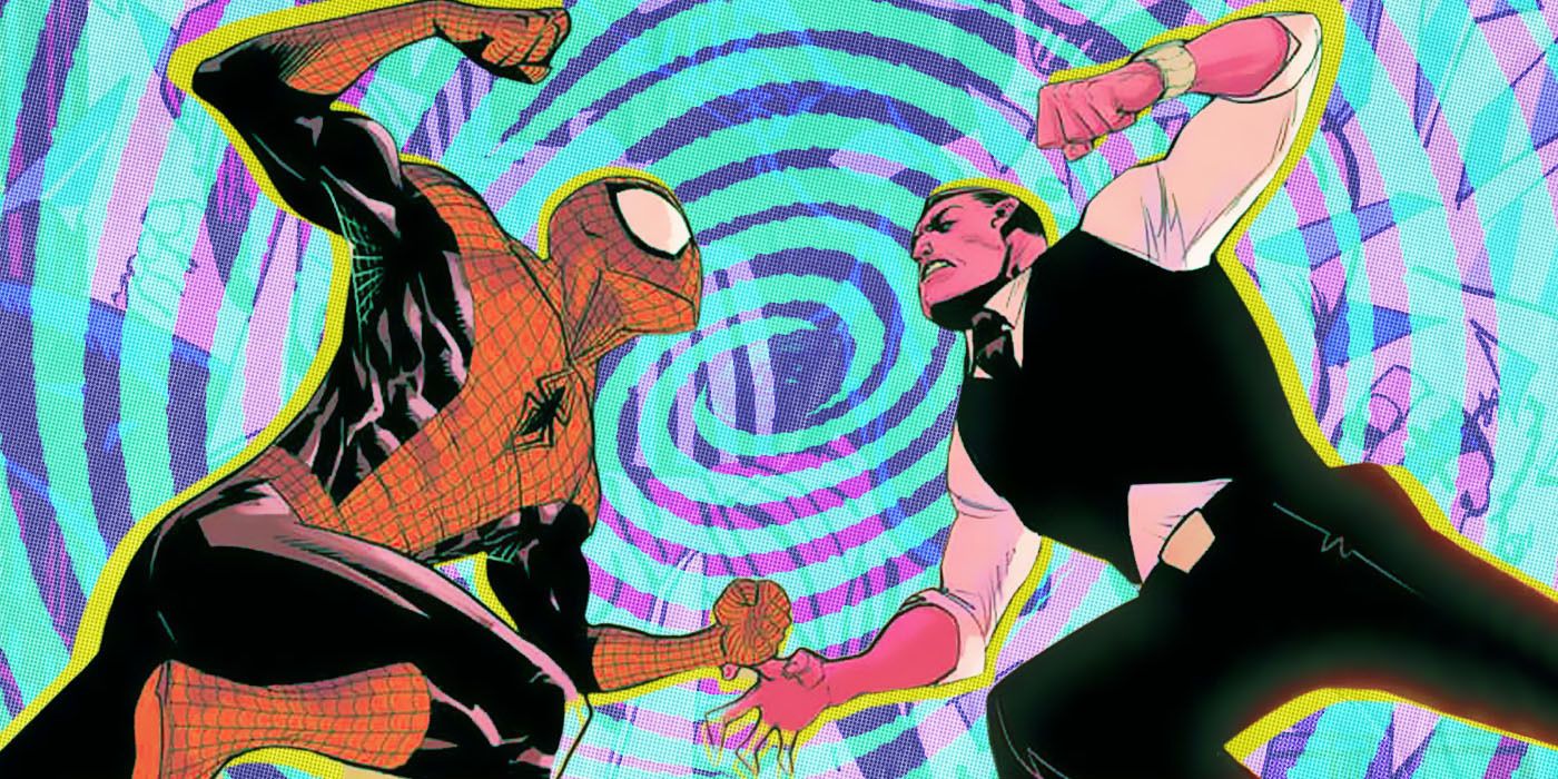 Spider-Man fights The Foreigner on a hypnotic background in Marvel Comics