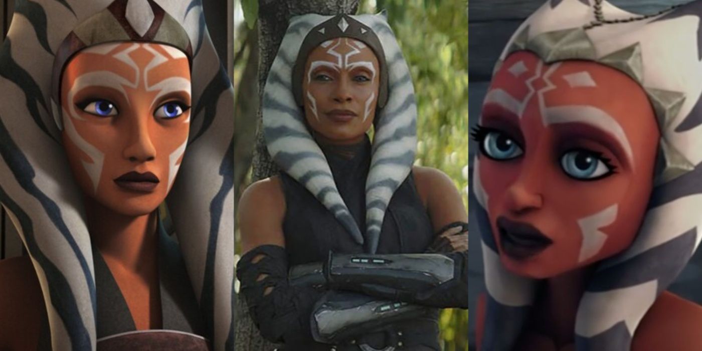 Imagem dividida de Ahsoka Tano em Rebels, live-action e recurso Clone Wars