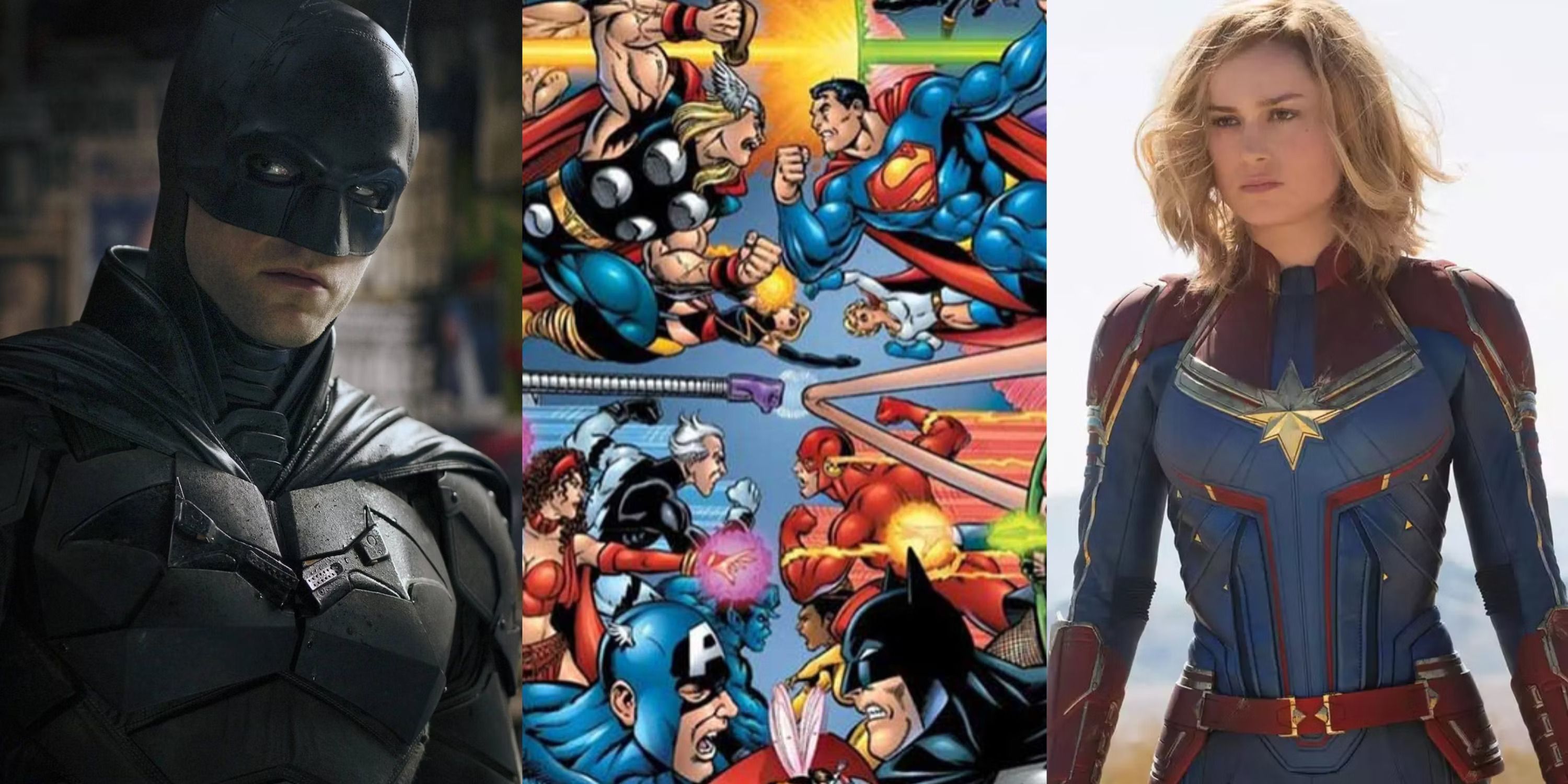 A split image of Batman, the Avengers fighting the Justice League, and of Captain Marvel