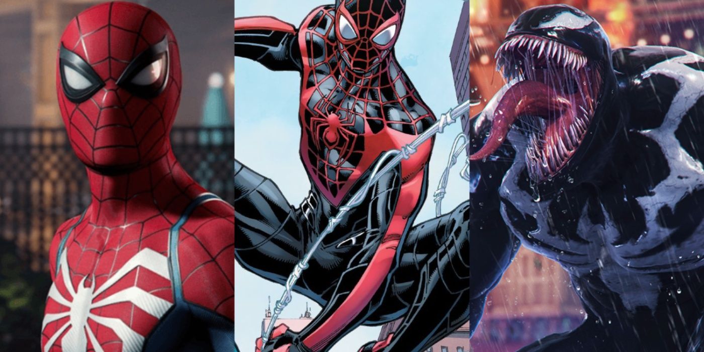 Split image of Peter Parker, Miles Morales and Venom in Spider-Man game feature 