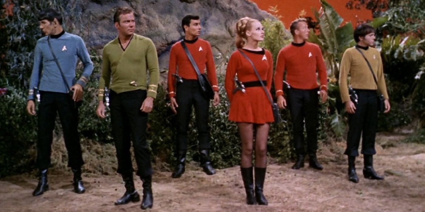 Captain Kirk leads a landing party with Mr. Spock and Chekov on Star Trek: The Original Series