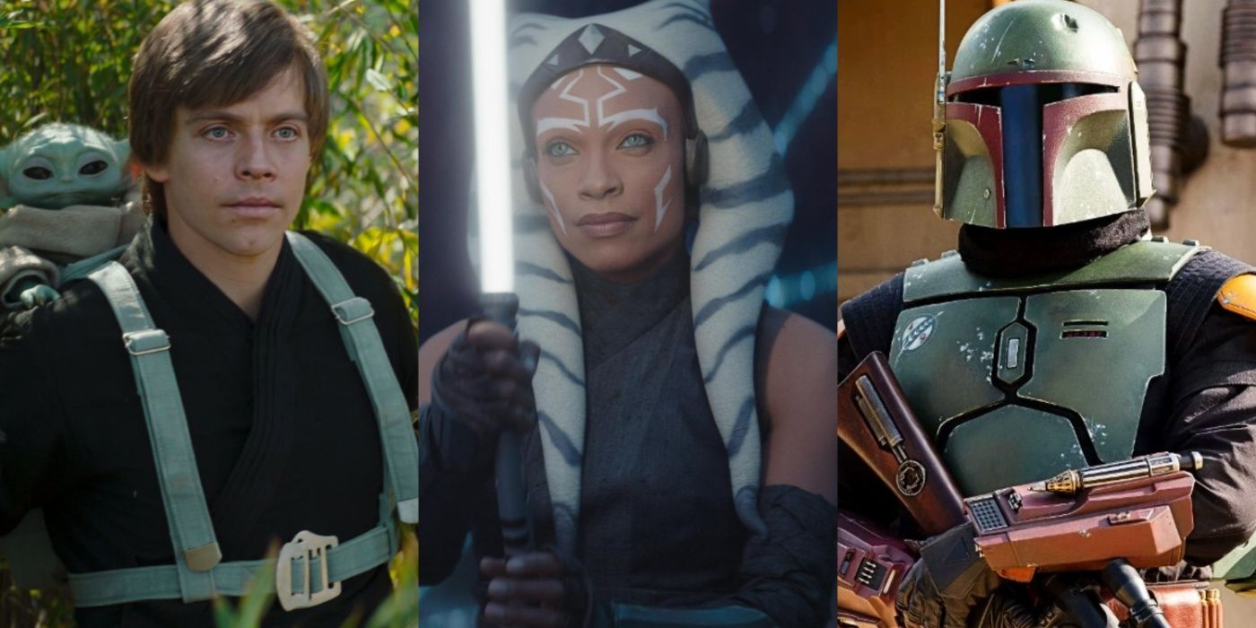 Luke Skywalker com Grogu, Ahsoka Tano e Boba Fett, todos na série Star Wars Disney+.