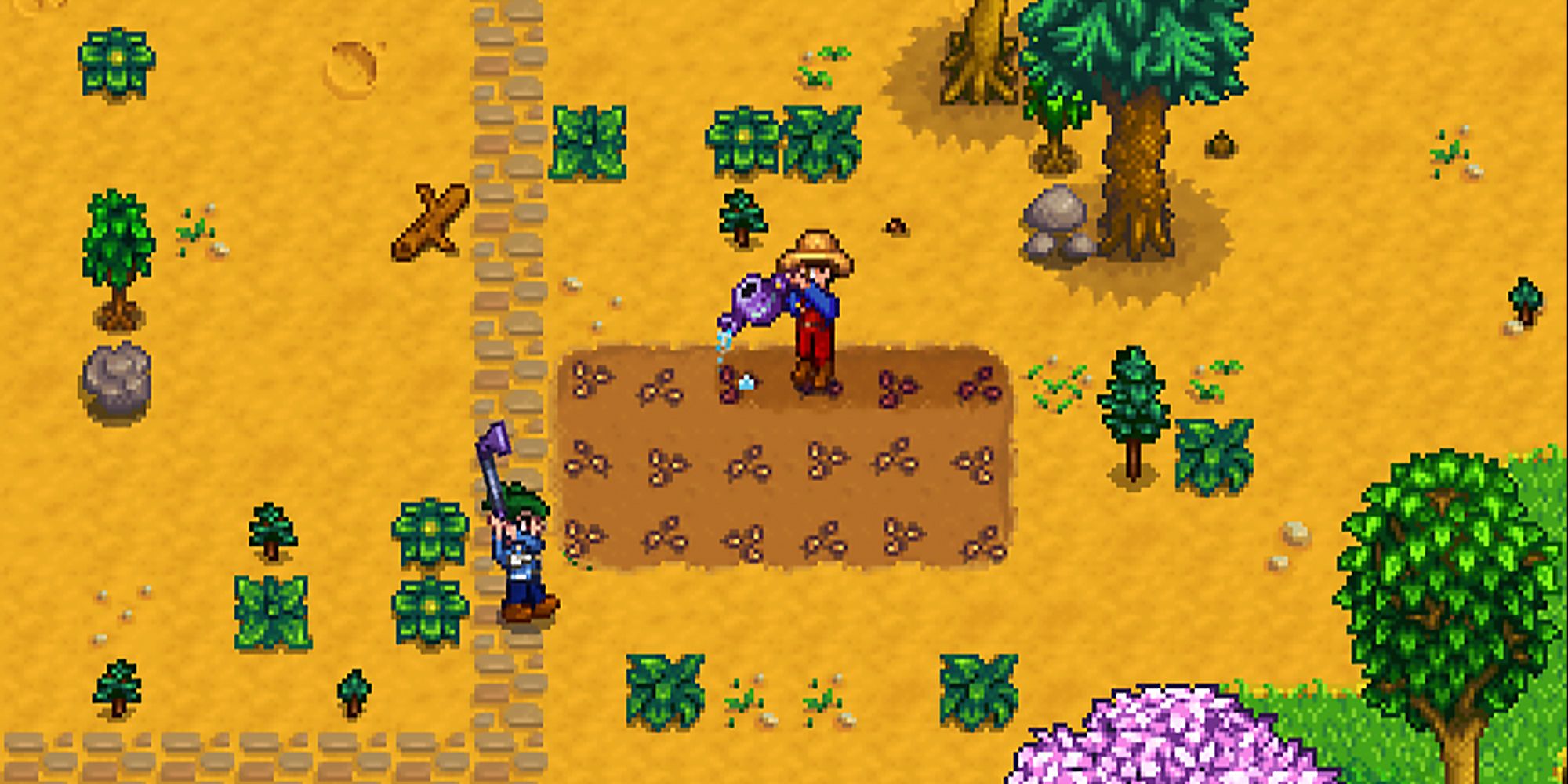 Personagens multijogador de RPG de simulação de fazenda de Stardew Valley trabalhando juntos