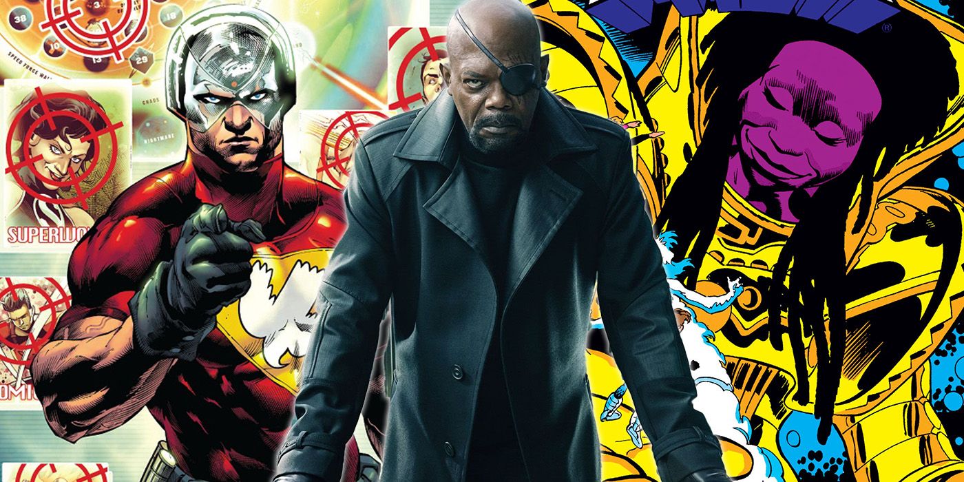 split image: Peacemaker and Numinus from comics and MCU Nick Fury