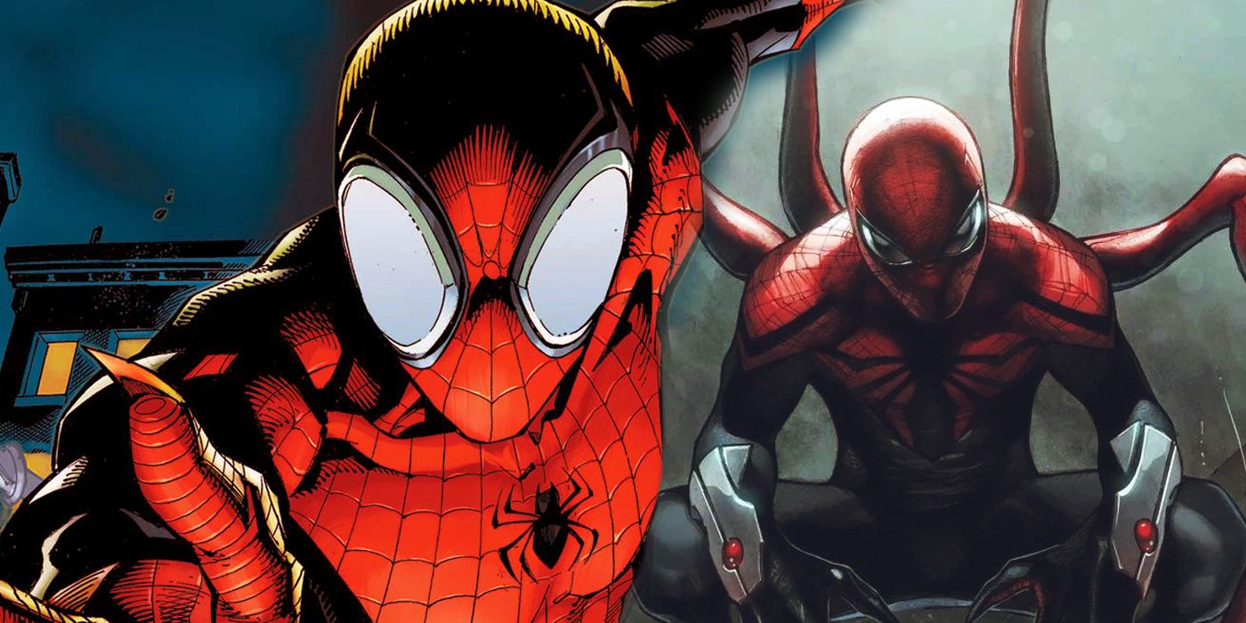 Split Image: Superior Spider-Man swinging; looming in the dark