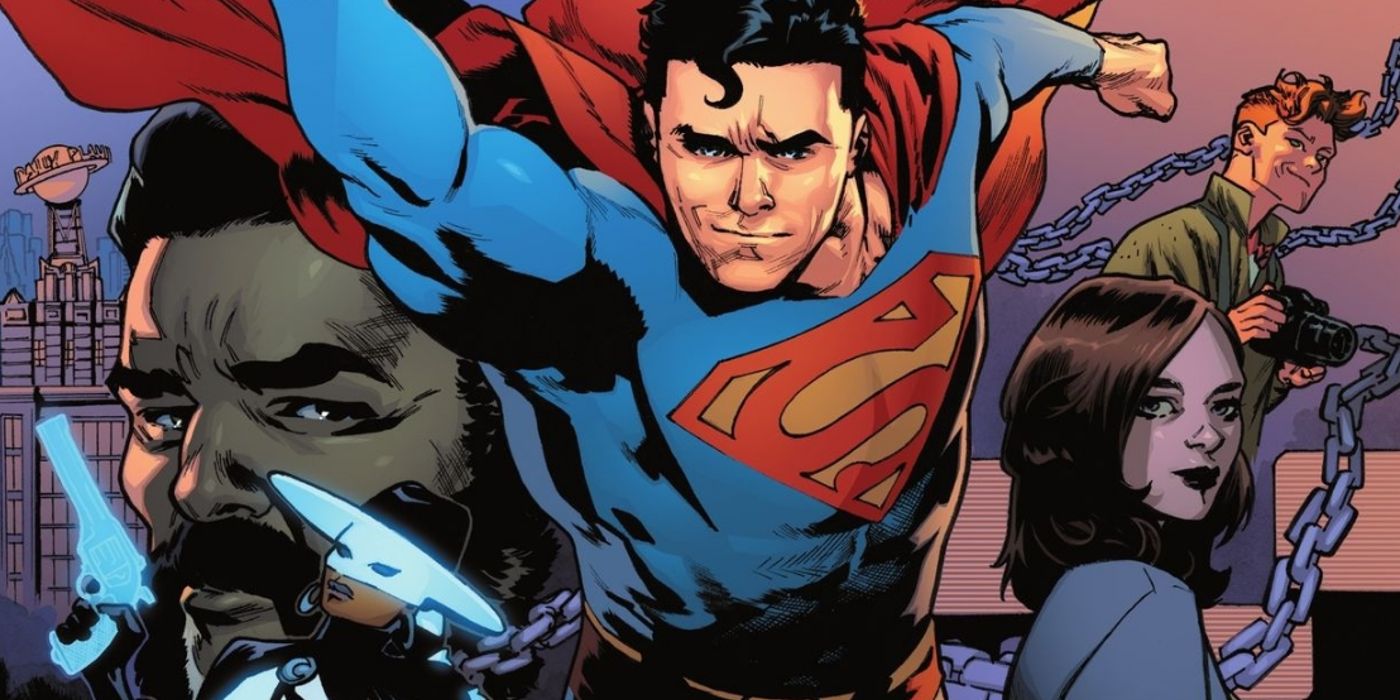 superman flying in front of various allies on the cover of superman annual from 2023