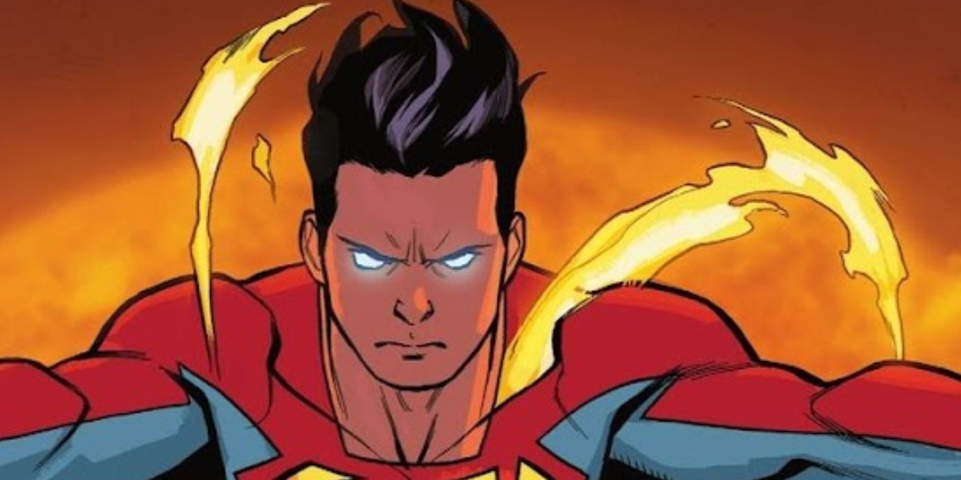 Jon Kent's Superman flying forward with glowing eyes in DC Comics