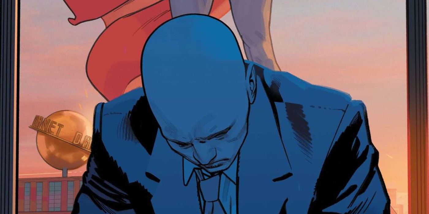 Lex bows his head in sorrow as Superman floats outside his window in DC's Last Days of Lex Luthor.