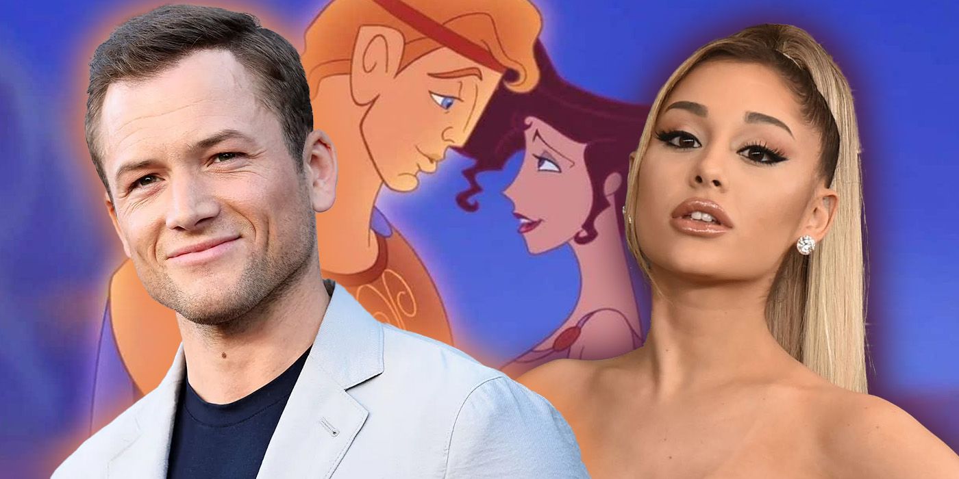 Taron Egerton and Ariana Grande infront of an image of Disney's Hercules and Meg