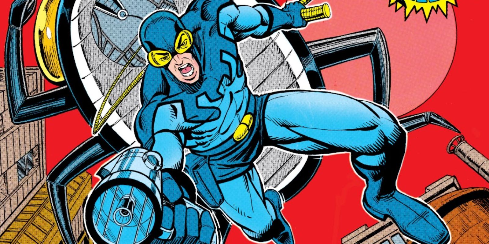 Ted Kord's Blue Beetle diving down from the sky with a blaster in hand in DC Comics