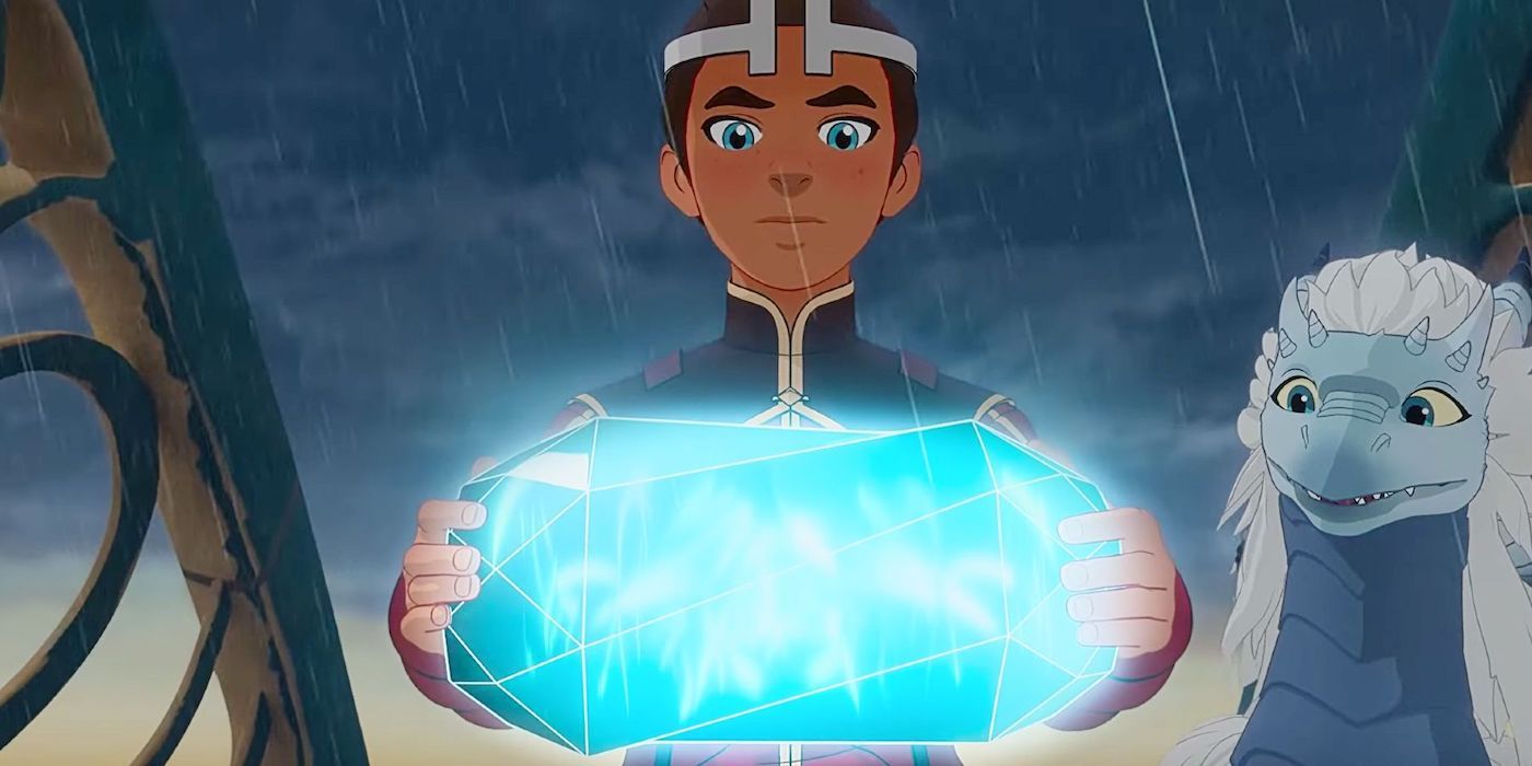 Rei Ezran segura um cristal na 5ª temporada de Dragon Prince