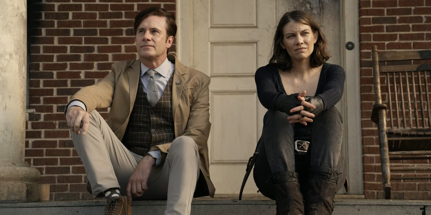 Lance Hornsby (Josh Hamilton) and Maggie Rhee (Lauren Cohan) sitting on the steps in The Walking Dead