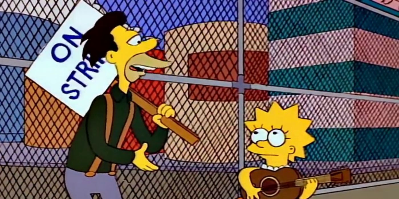 The Simpsons' Lenny carries a strike sign and talks to Lisa outside the power plant