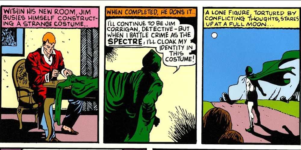 Jim se torna o Espectro costurando uma fantasia em More Fun Comics 53