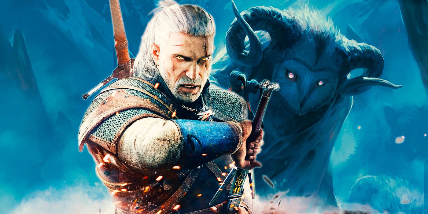 Geralt of Rivia in The Witcher 3 video game with an owlbear/DnD monster in the background