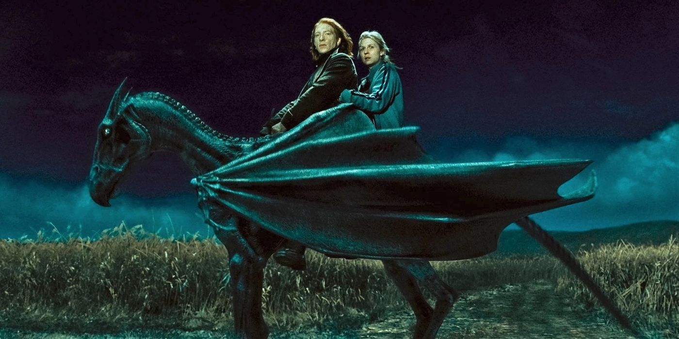 Bill Weasley and Fleur Delacour ride a Thestral in Harry Potter and the Deathly Hallows Part 1.