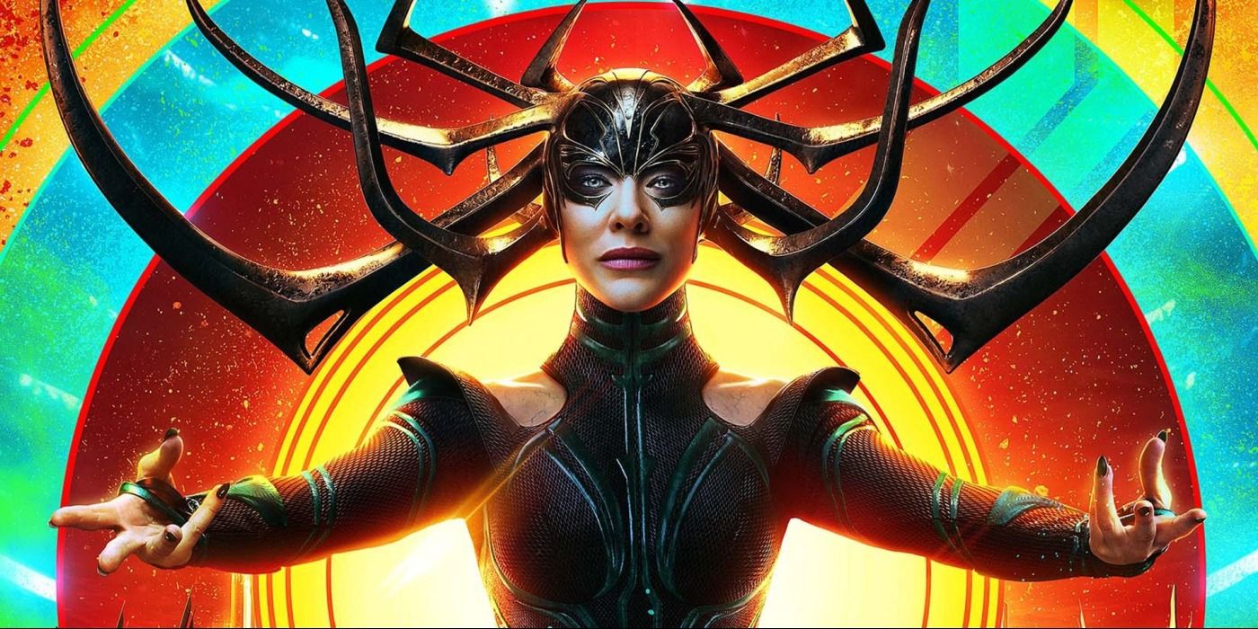 Hela spreads out her arms in front of a multicolored background for a Thor: Ragnarok poster