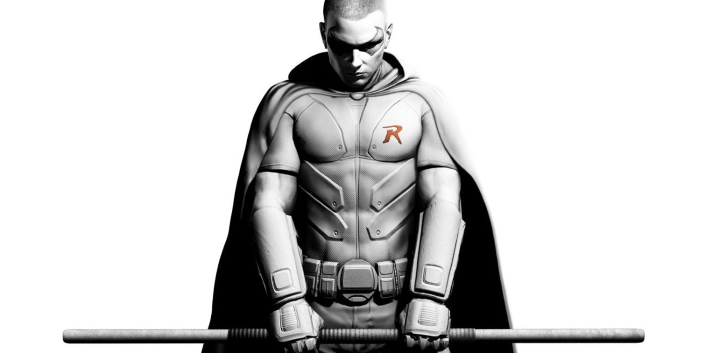 Black and white key art of Tim Drake as Robin in Batman: Arkham City.