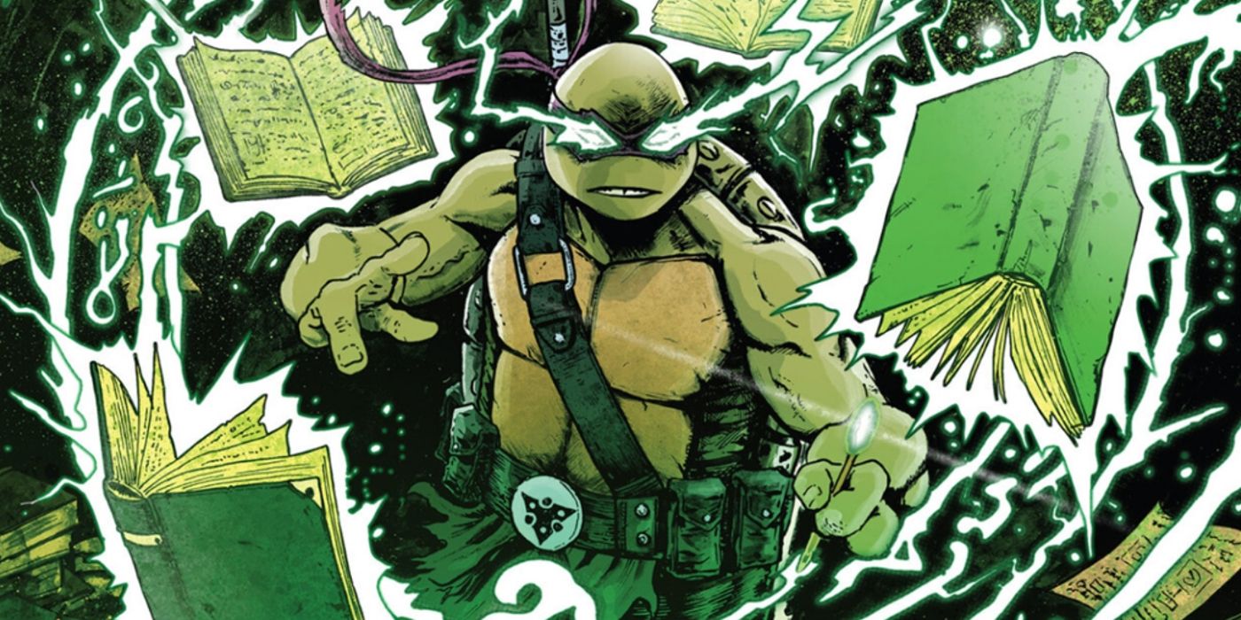 donatello using his mystic powers to sift through multiple books at once on the cover of tmnt 142
