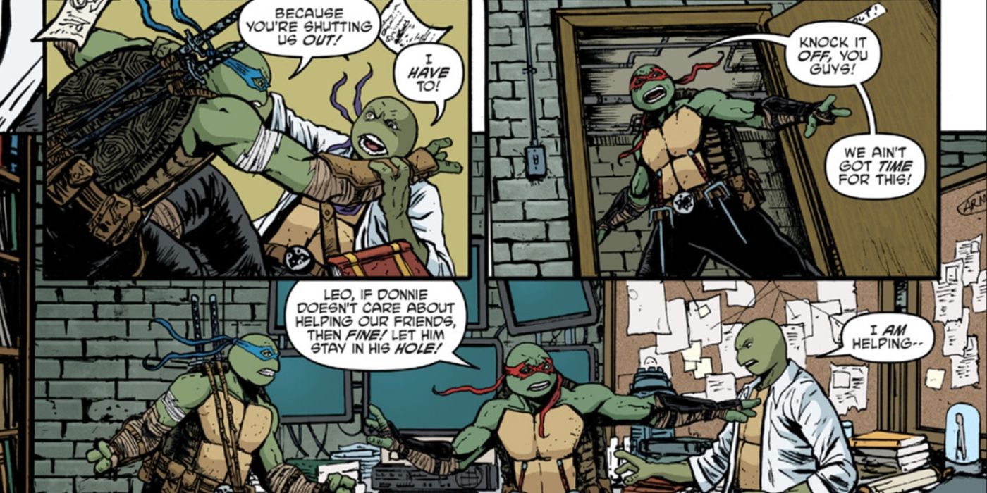 the teenage mutant ninja turtles devolving into a fistfight in Donnie's lab in their sewer lair