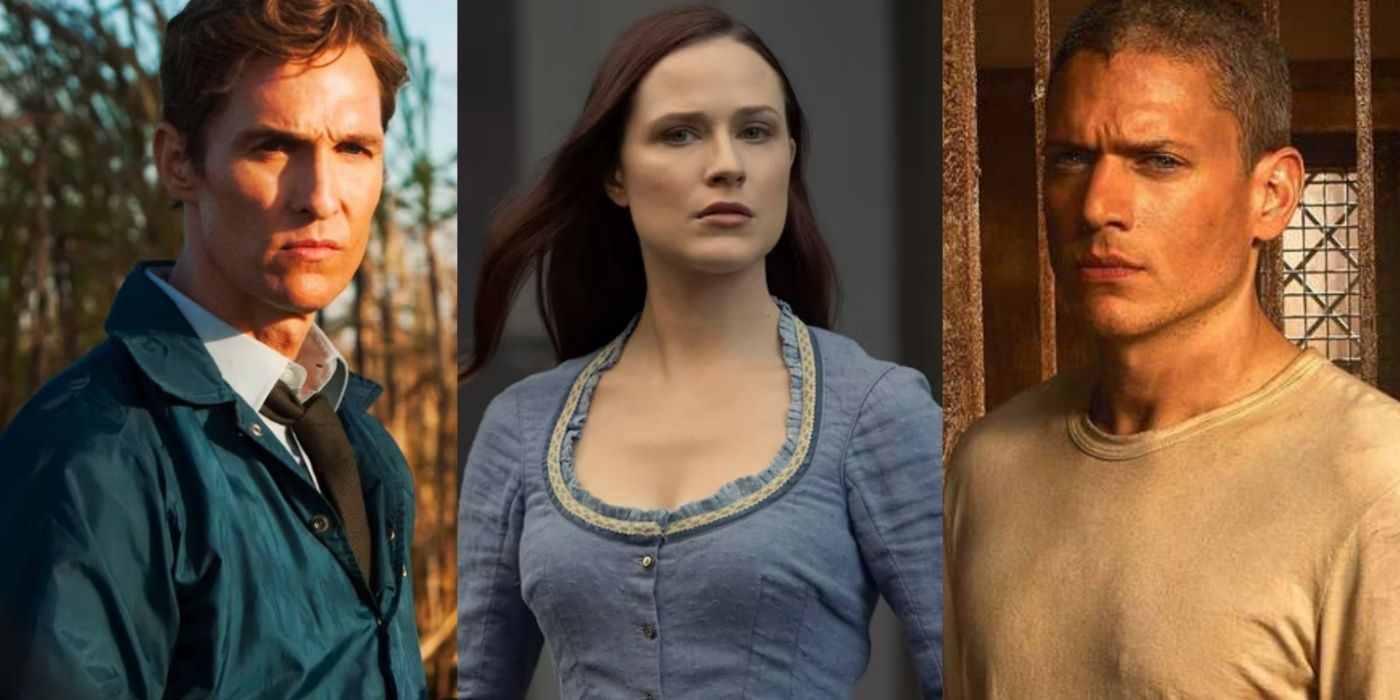 A split image of True Detective's Rust Cohle, Westworld's Dolores, and Prison Break's Michael Scofield