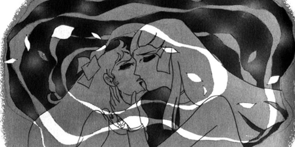 Two women kissing in the reflection of a water puddle in Shiroi Heya No Futari