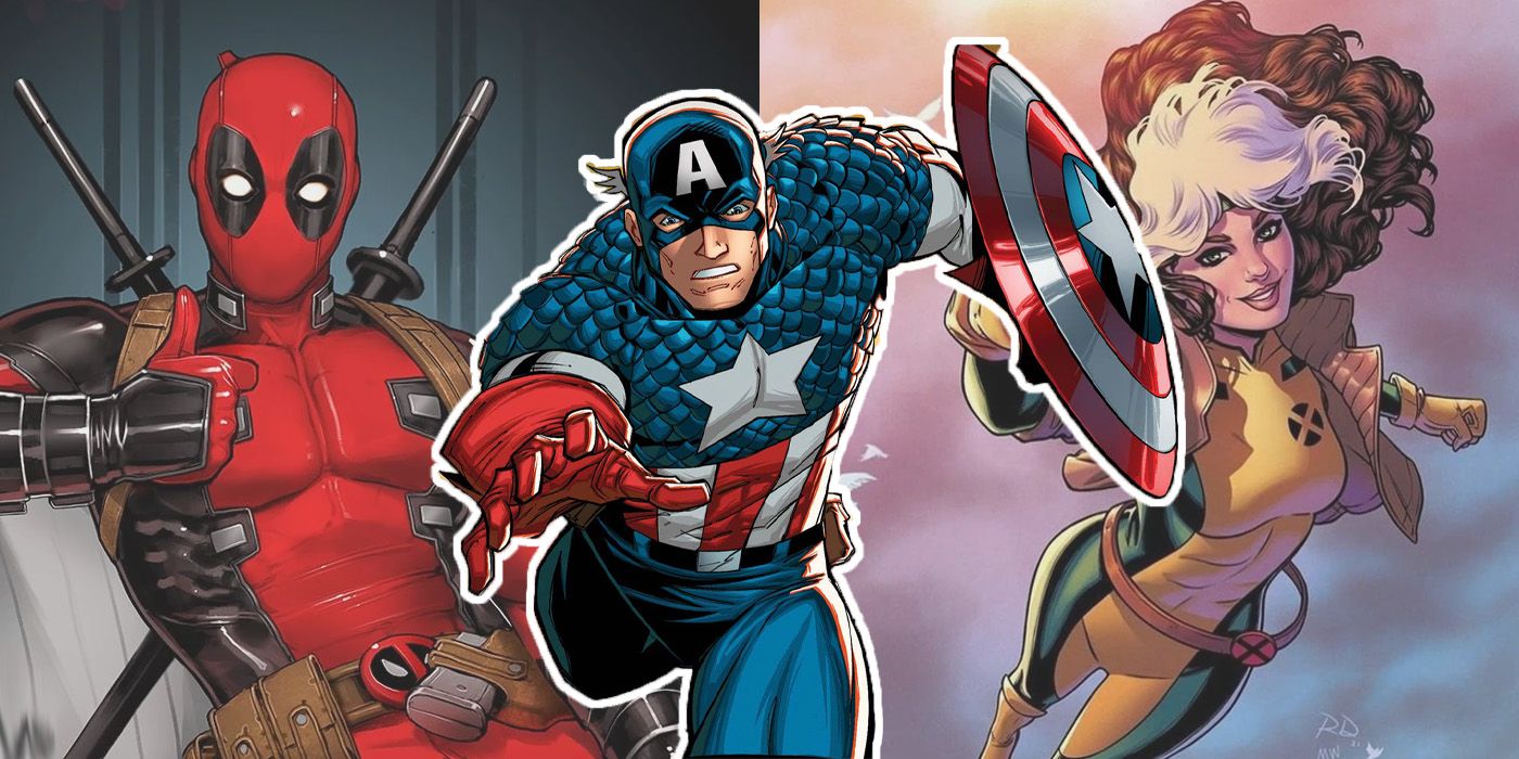 Captain America in front of comic covers featuring Deadpool and Rogue