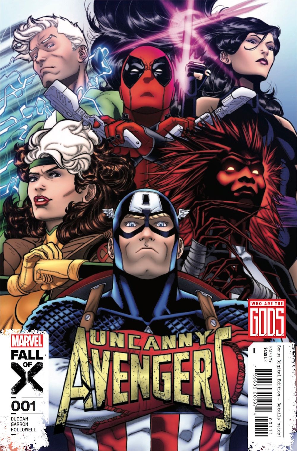The cover of Uncanny Avengers #1. Steve Rogers (Captain Marica), Rogue and Penance stand together. Offscreen are Quicksilver, Psylocke and Deadpool.