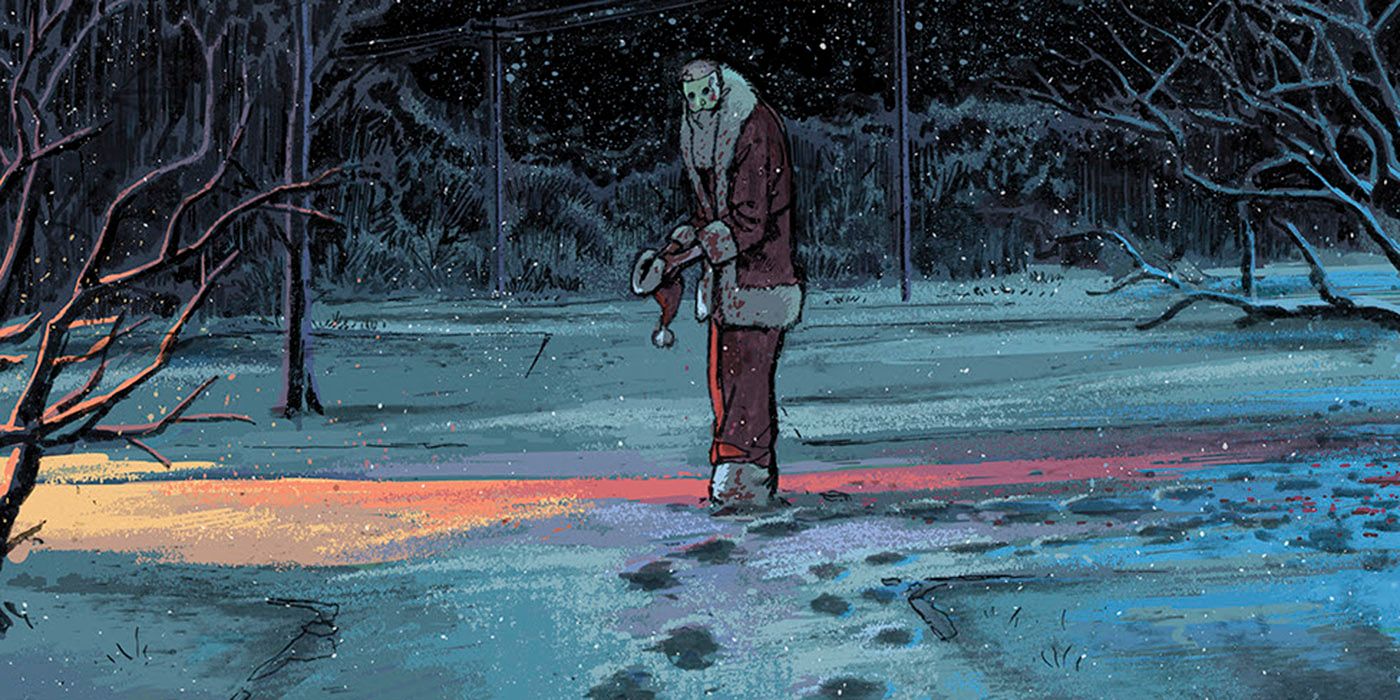 A person in a Santa Claus costume looks over their shoulder on the Deviant #1 cover.
