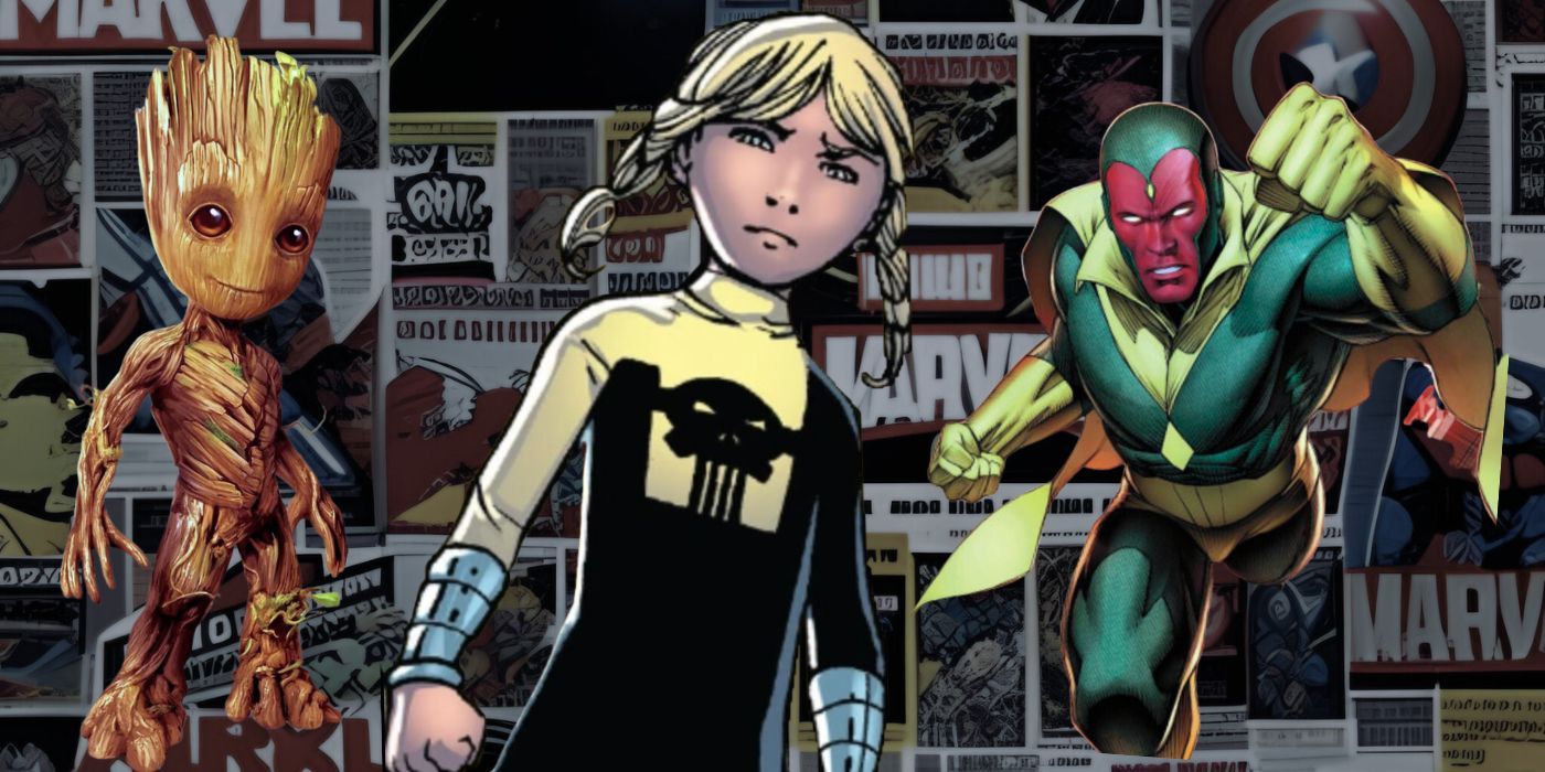 Collage of the youngest Marvel Comics superheroes with Marvel Newspaper background. Baby Groot is on the left, Katie Powers is in the center, and The Vision is on the right.