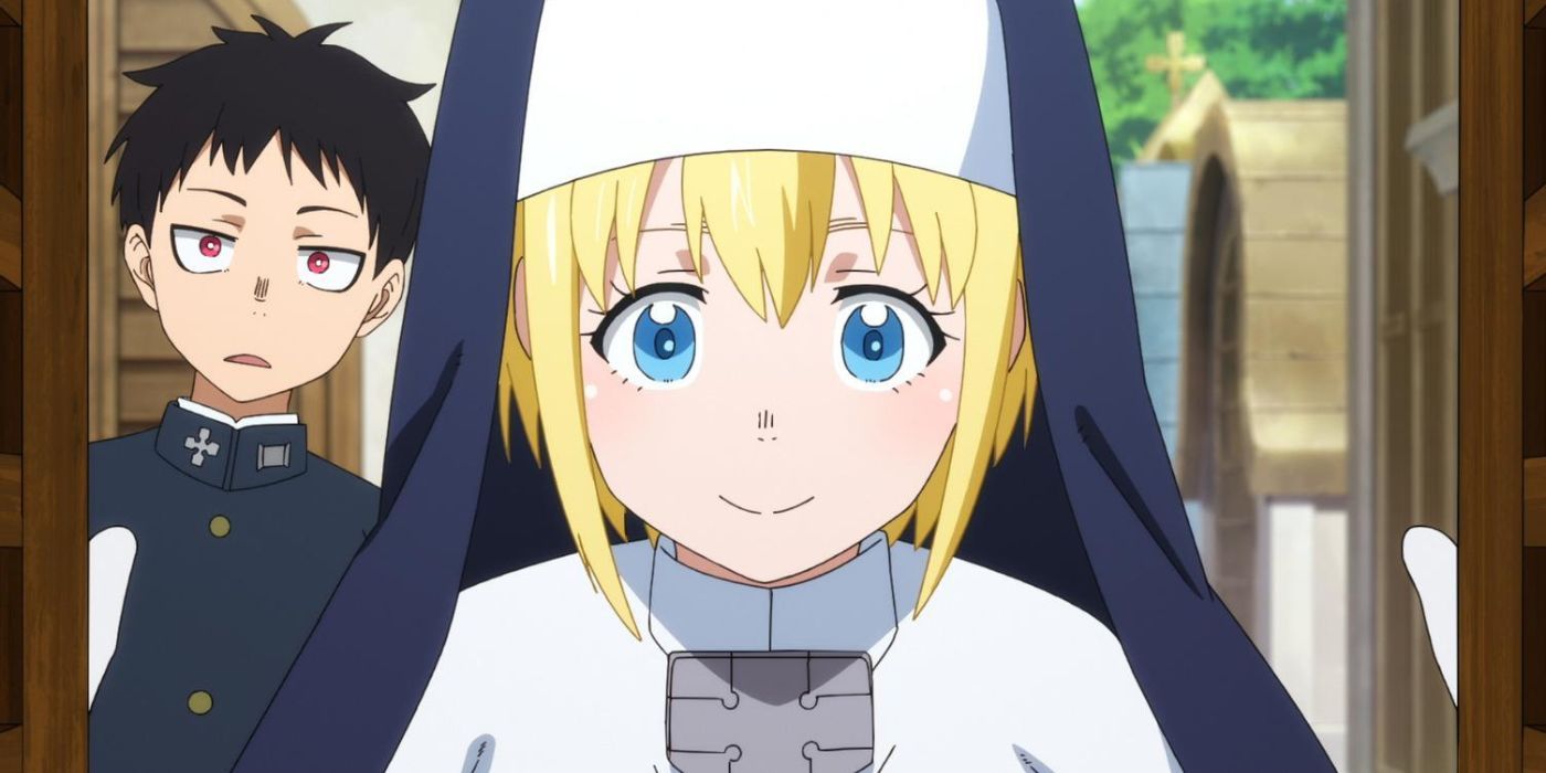 Sister Iris looking on happily while Shinra Kusakabe peeks around a corner in the background from Fire Force. 