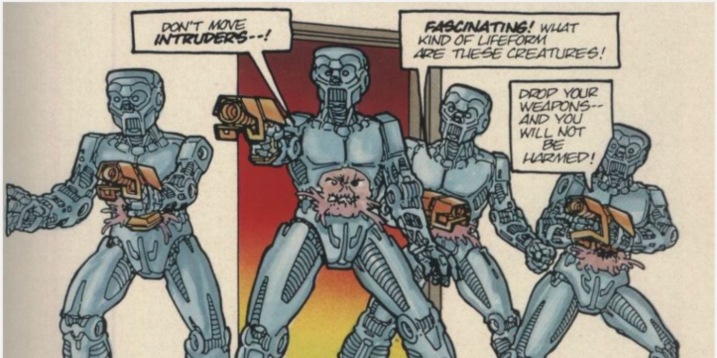 The Utroms in their robotic exosuits in the Mirage Teenage Mutant Ninja Turtles comic books.
