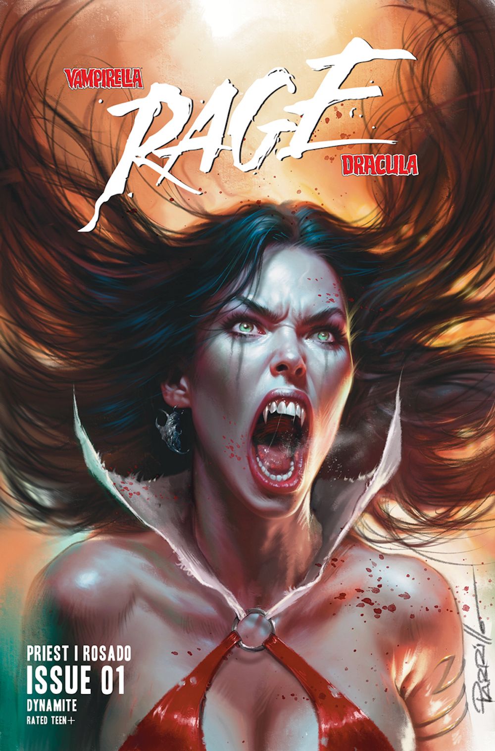 The primary cover of Vampirella/Dracula Rage #1. Vampirella screaming in animalistic anger. Illustrated by Lucio Parrillo.