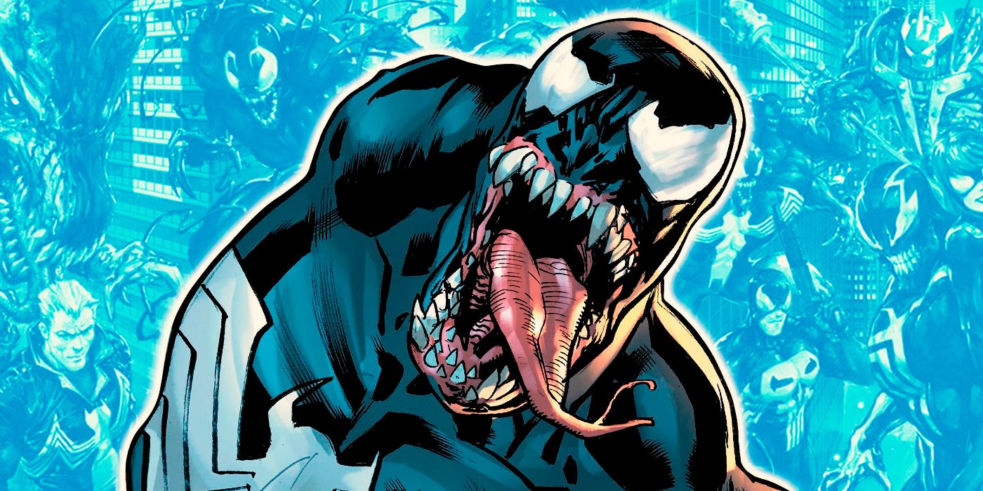 Venom na Marvel Comics em um fundo feito de vários simbiontes e seus hospedeiros