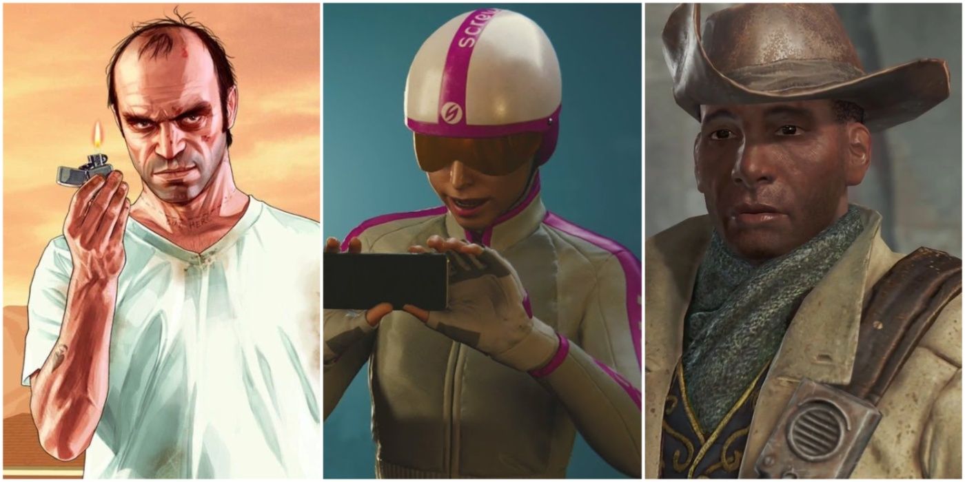 A split image showing Trevor Phillips from Grand Theft Auto V, Screwball from Marvel's Spider-Man PS4, and Preston Garvey from Fallout 4