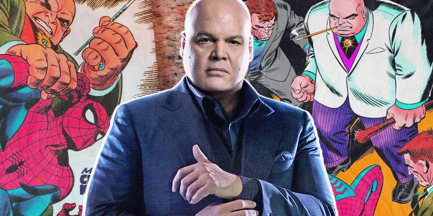 Vincent D'Onofrio as Kingpin in front of KIngpin and Spiderman SIlver Age